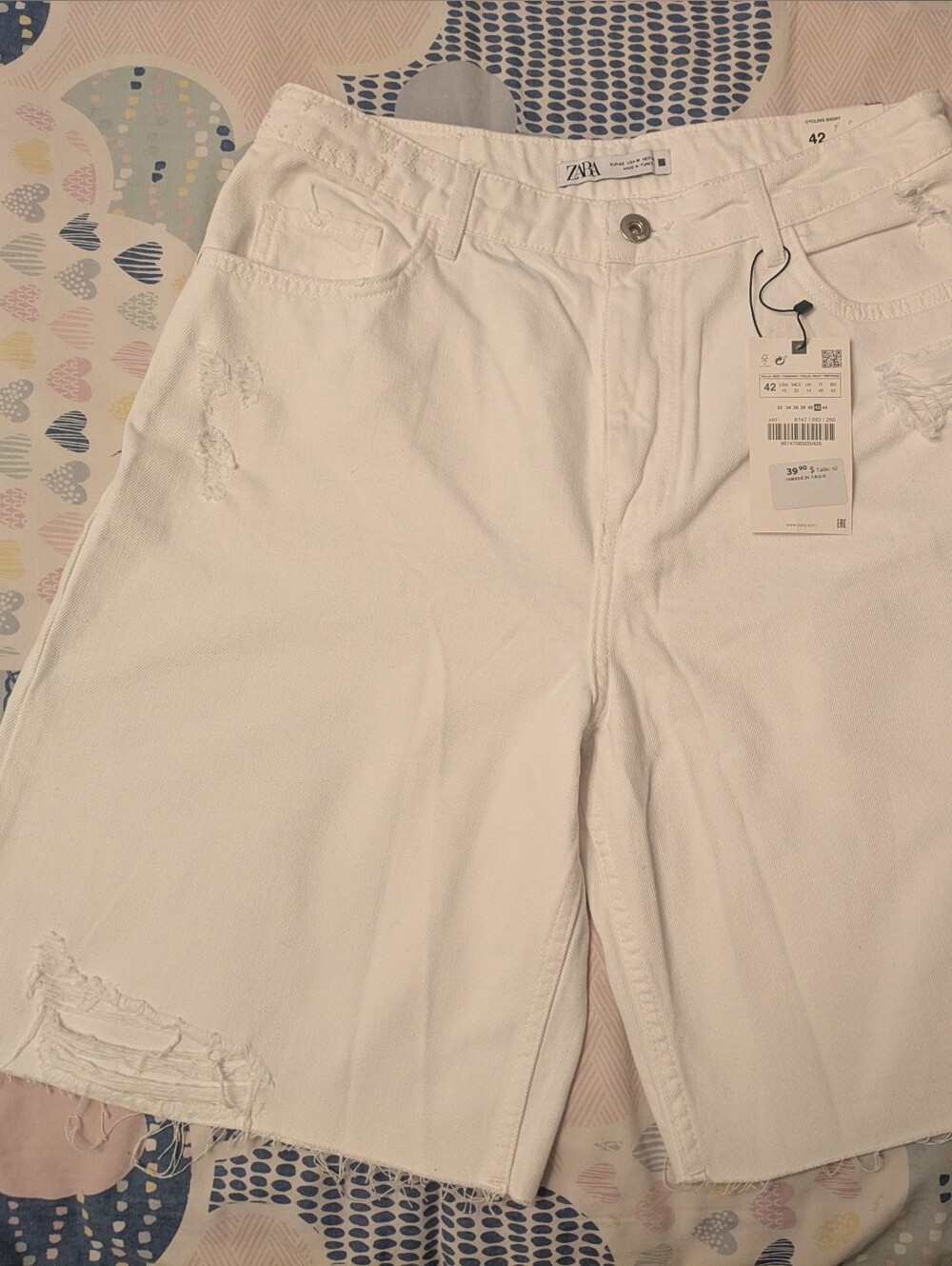 Zara White Distressed Denim Bermuda Shorts